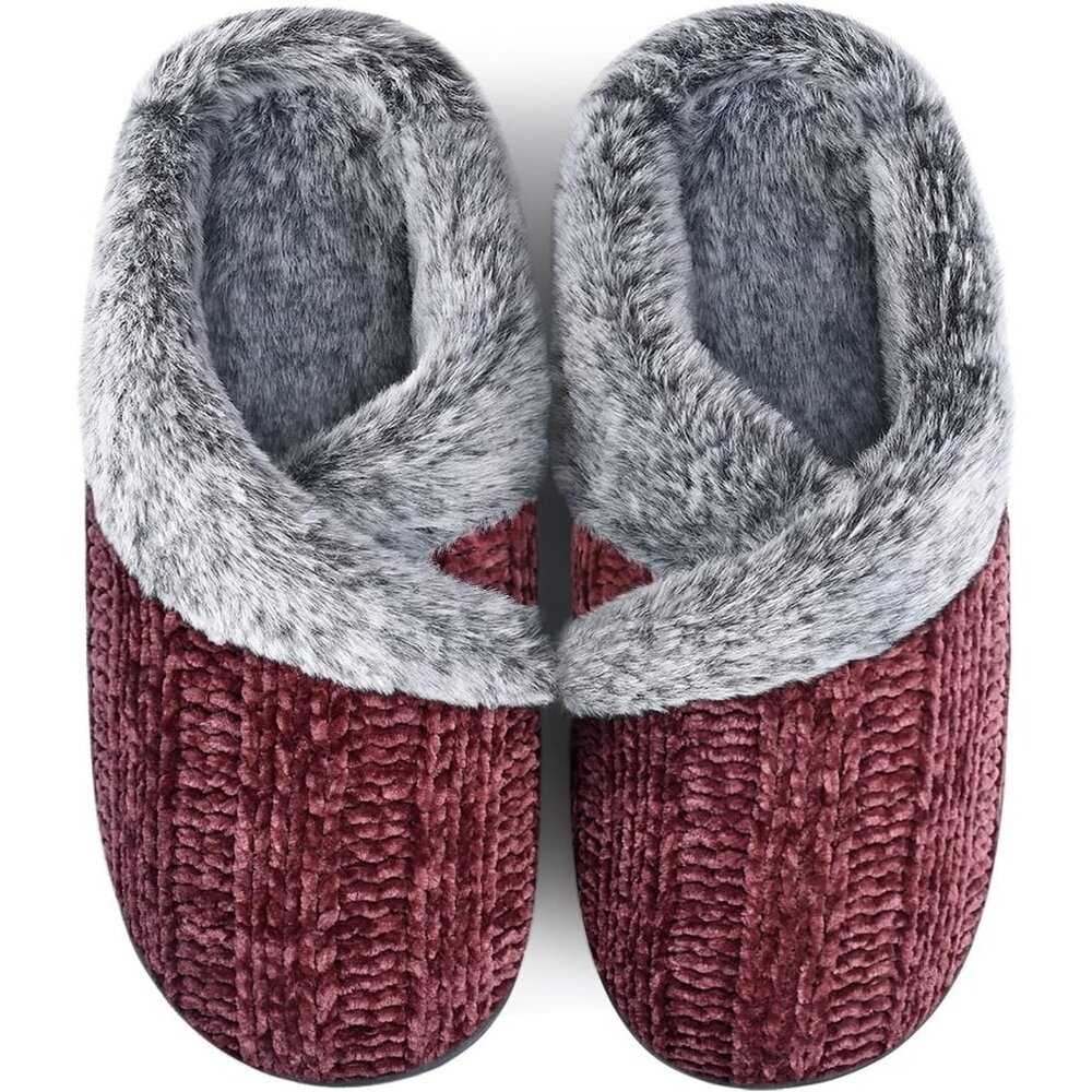 〽️Women's Wine Red Anti-Slip Furry Fleece Lined Closed Toe Slip-On Slippers